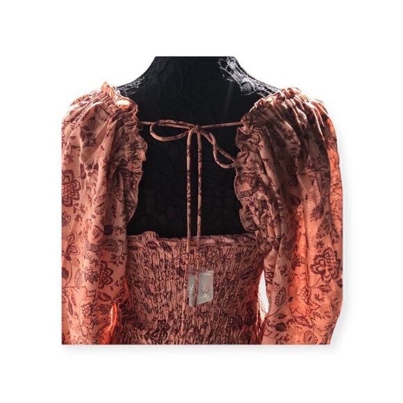 Free People Women’s Dress Rust Peach Copper Mini Elastic Ruffle Big Sleeves Bow - Picture 3 of 5